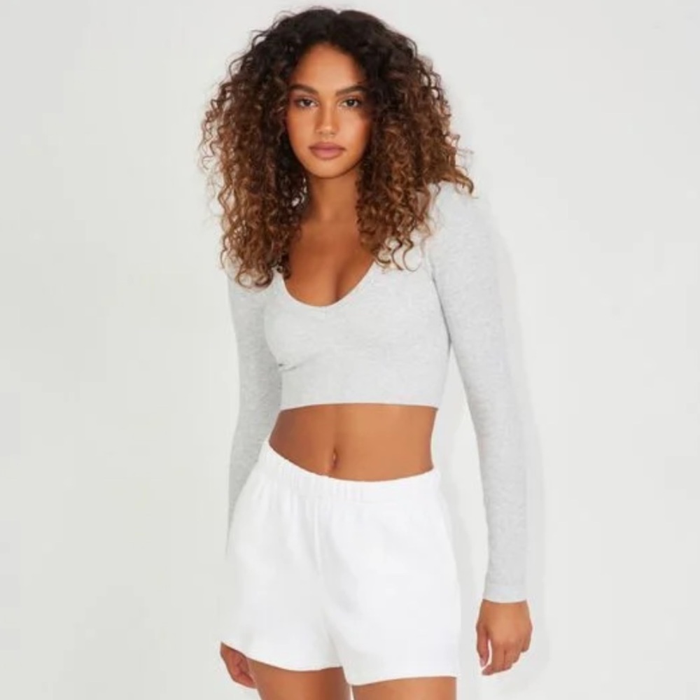 GARAGE Deep Plunge White Ribbed V-Neck Long Sleeve